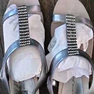 Anne Klein Metallic Silver Sandals with Rhinestones